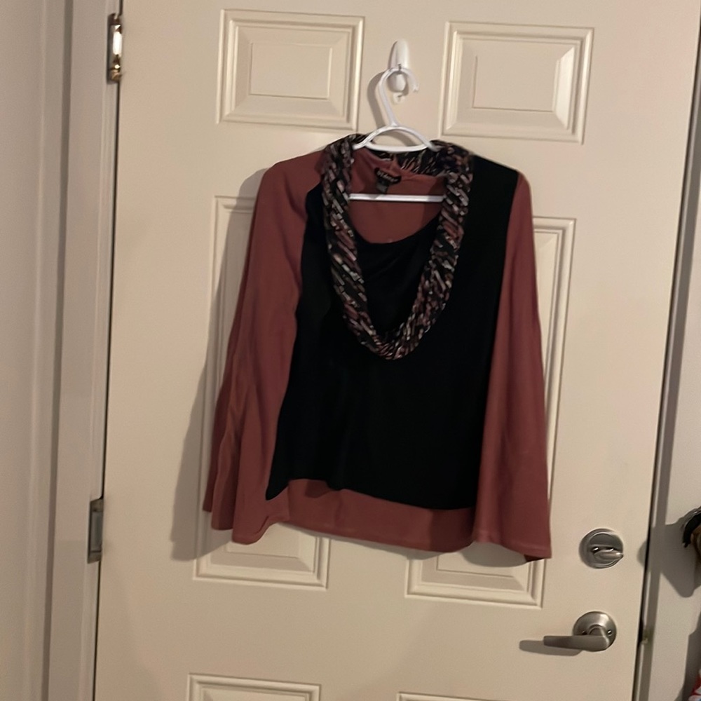 Black shirt with attached cardigan and scarf
